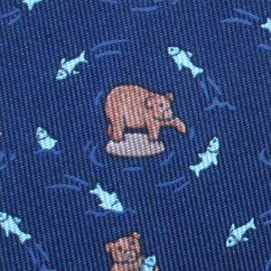 100% REAL  HERMES TIE ~ NAVY BLUE w FUN BROWN BEARS FISHING FOR SALMON FISH XL